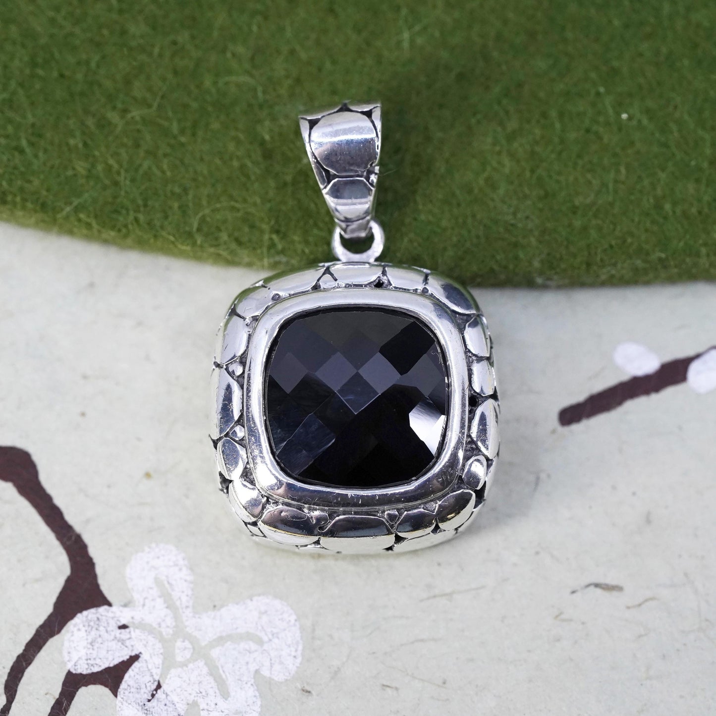 Sterling silver pendant, pebble textured 925 square with checkerboard cut onyx