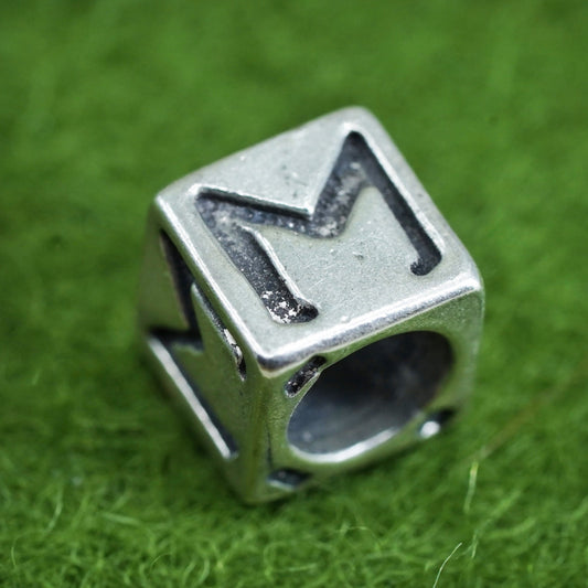 Vintage sterling silver handmade pendant, 925 cube charm engraved letter “M"