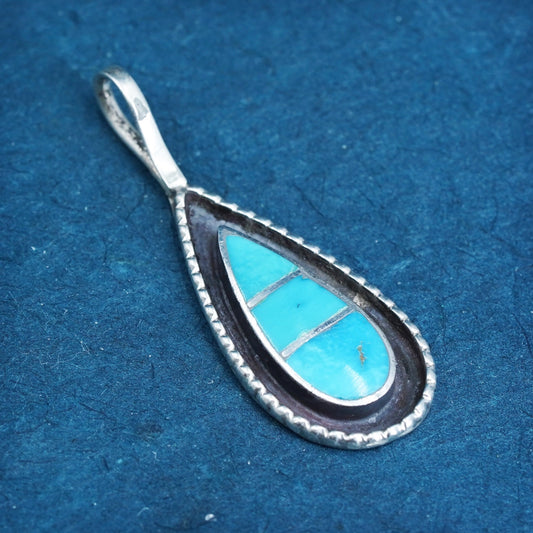 Vintage Zuni Sterling silver handmade pendant, 925 teardrop pendant turquoise