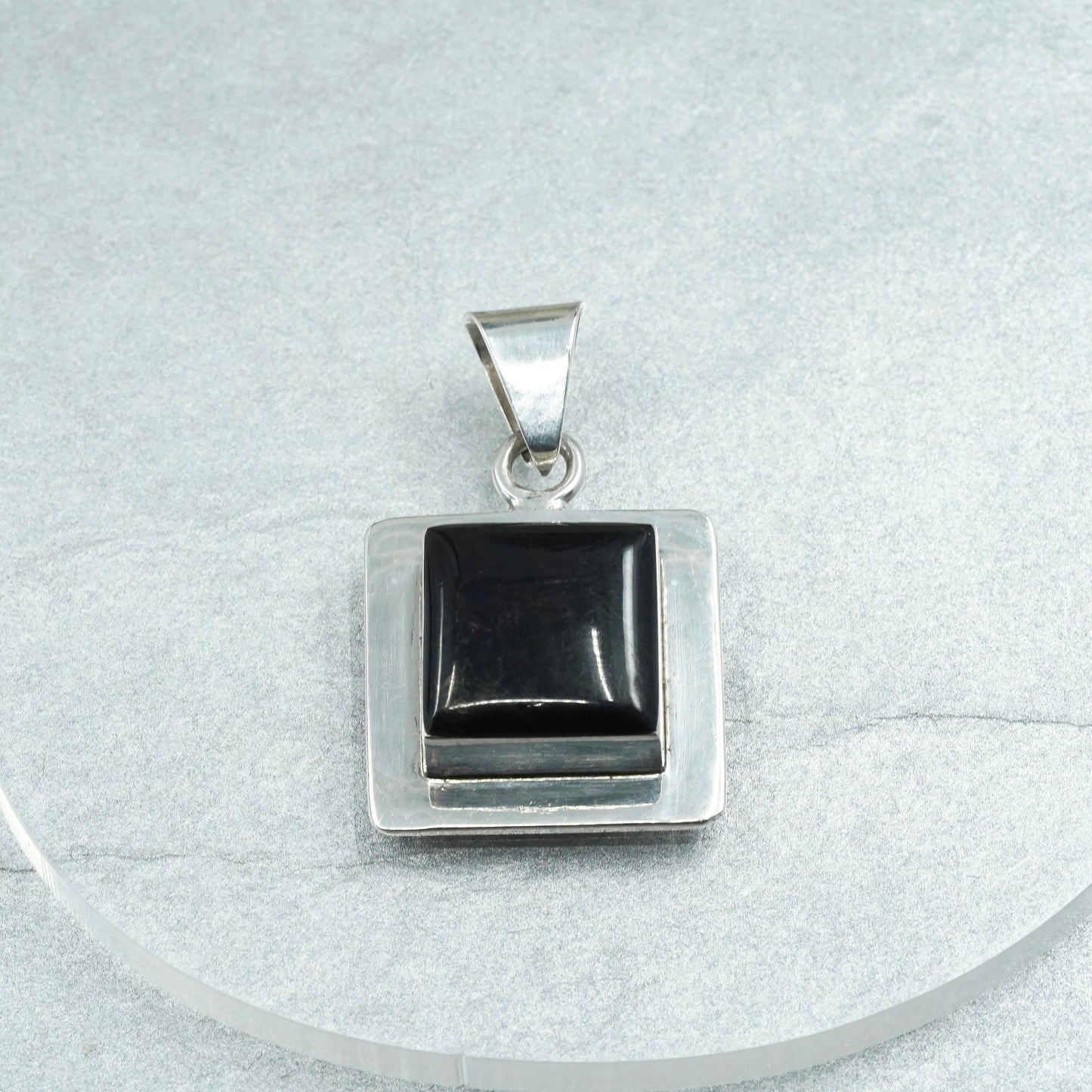 Vintage sterling 925 silver handmade square pendant with onyx inlay