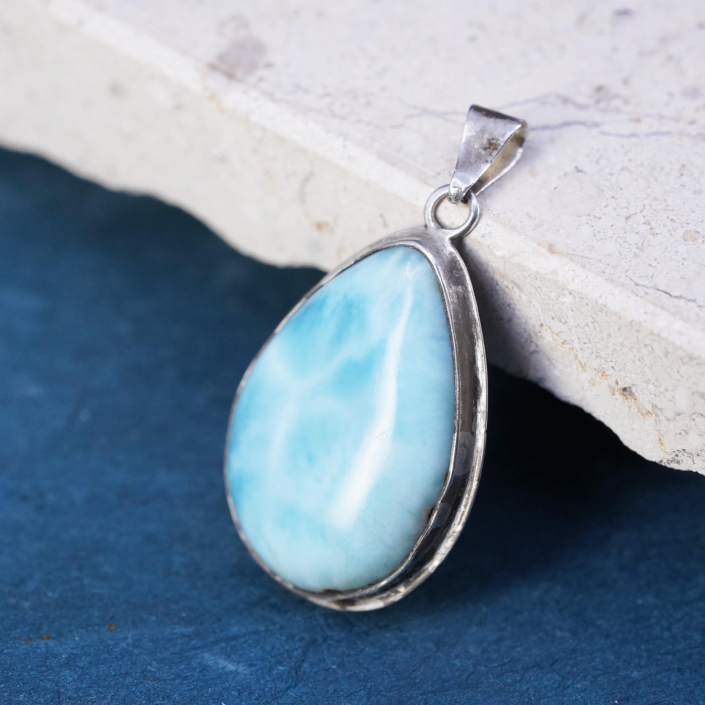 Vintage Sterling Silver Handmade Pendant, oxidized 925 silver teardrop larimar