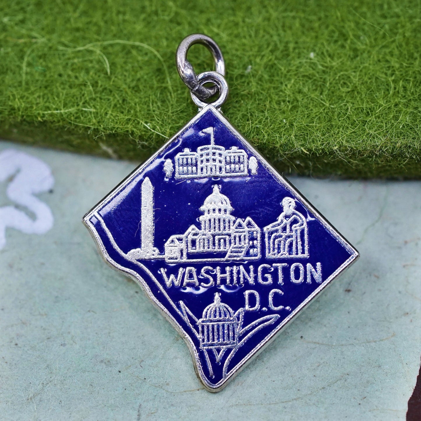 Vintage sterling handmade traveler pendant, 925 enamel Washington DC tag