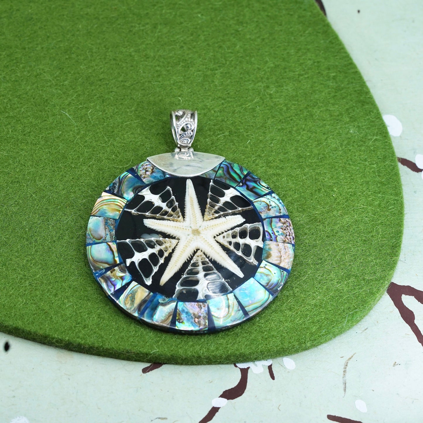 sterling silver 925 huge circle pendant with sand dollar fossil abalone inlay