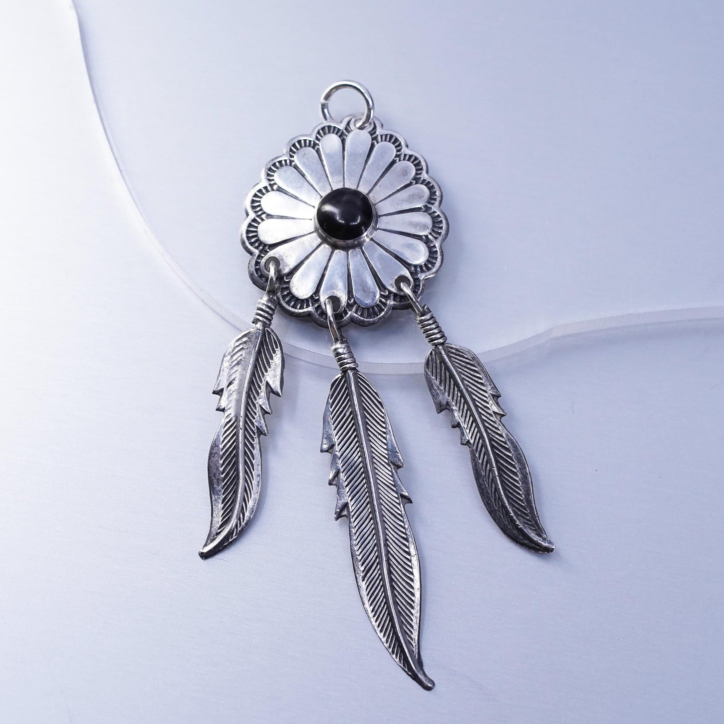 Native American southwestern sterling 925 silver onyx pendant feather dangles