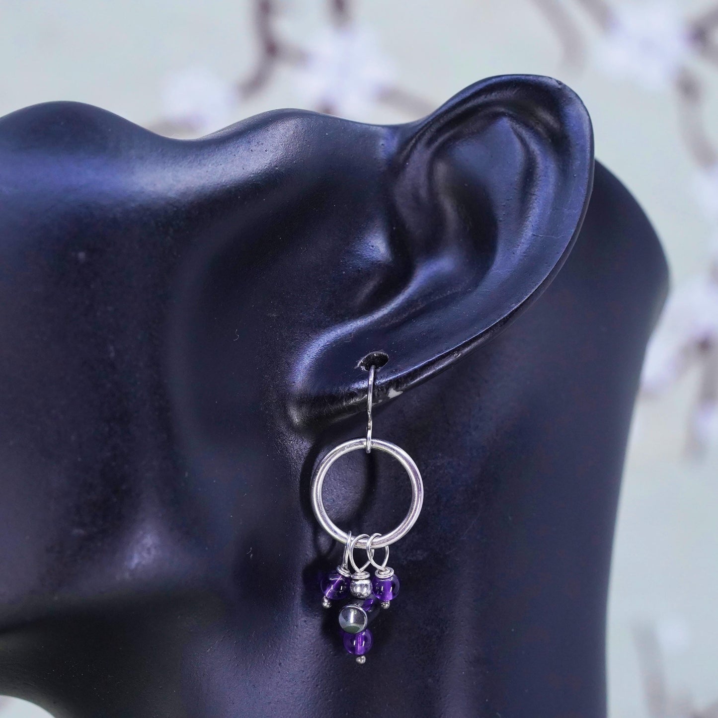 Vintage Sterling 925 silver handmade circle earrings with amethyst beads