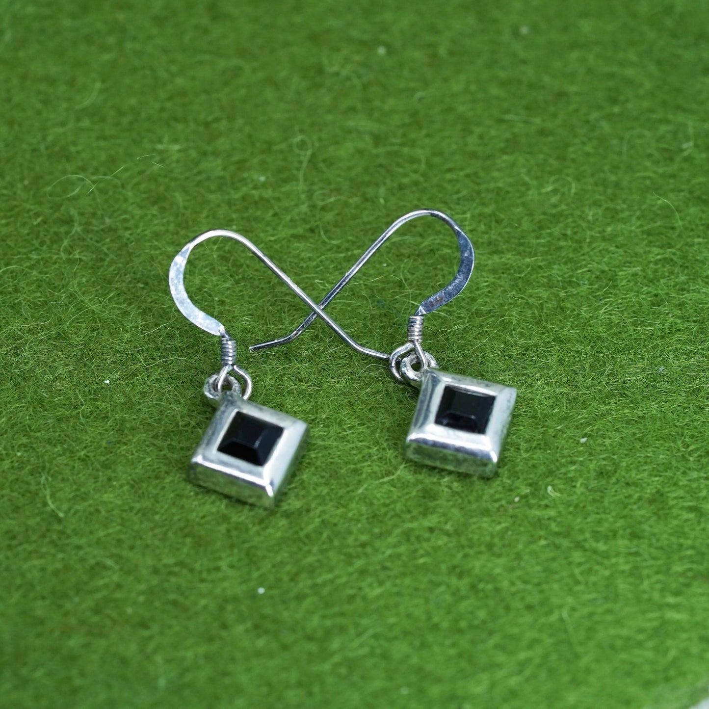 Vintage sterling 925 silver square earrings, black onyx, handmade southwestern