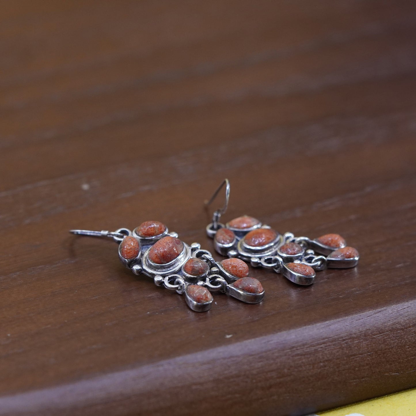 Native American signed SUN RAYS Sterling 925 silver handmade earrings w/ coral