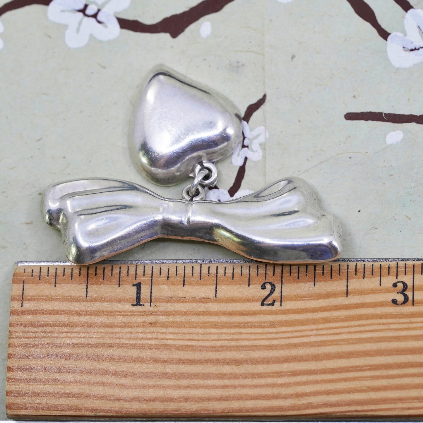 Vintage Mexican sterling silver handmade brooch, 925 ribbon with heart charm