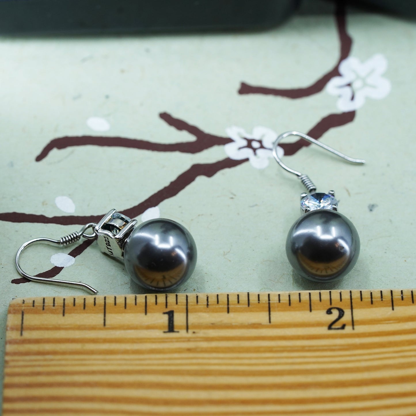 Vintage Sterling 925 silver handmade earrings with black pearl and cz