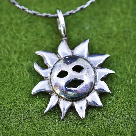 20”, sterling silver handmade circle chain necklace with 925 sun face pendant