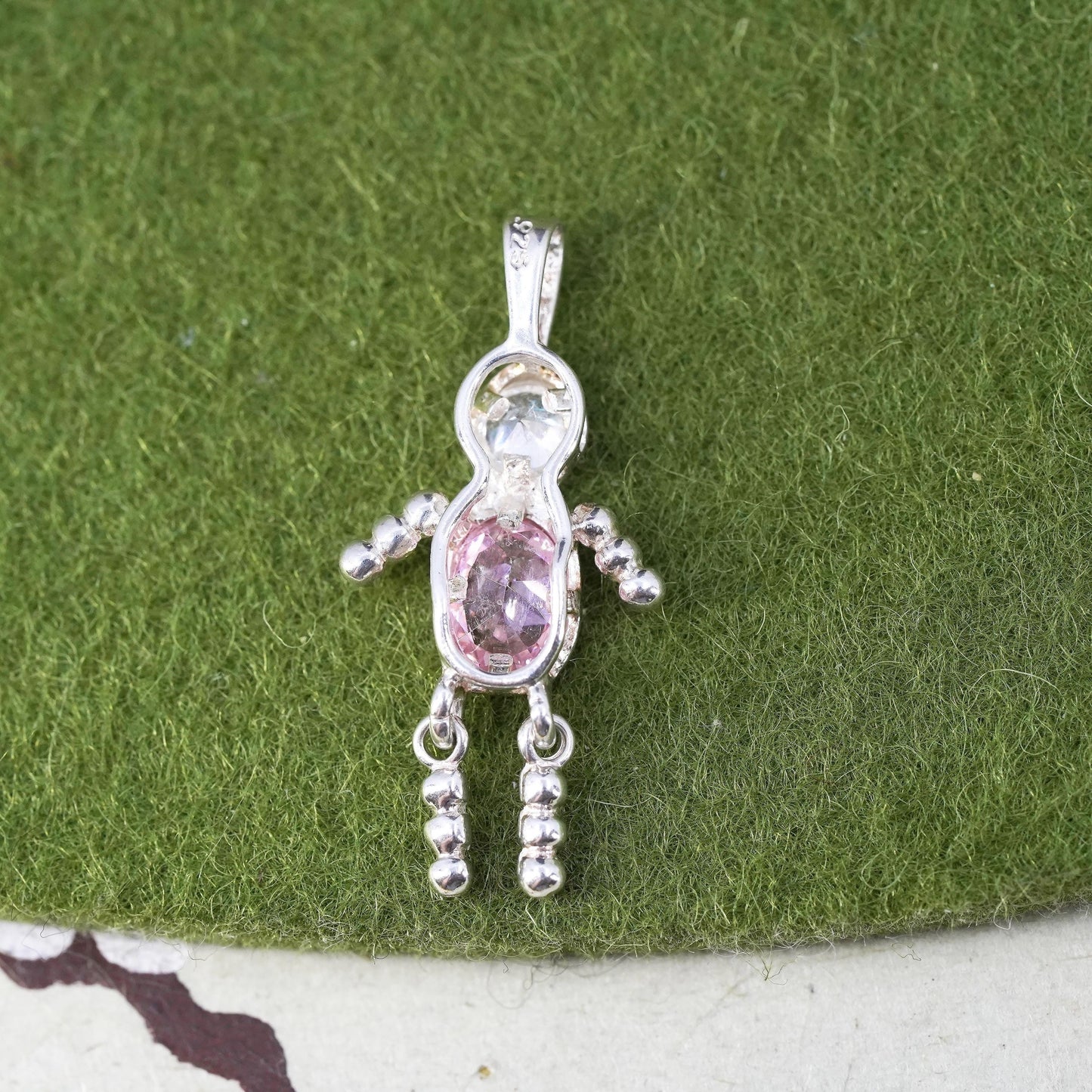 sterling 925 silver birthstone handmade pendant with pink cz boy figure charm