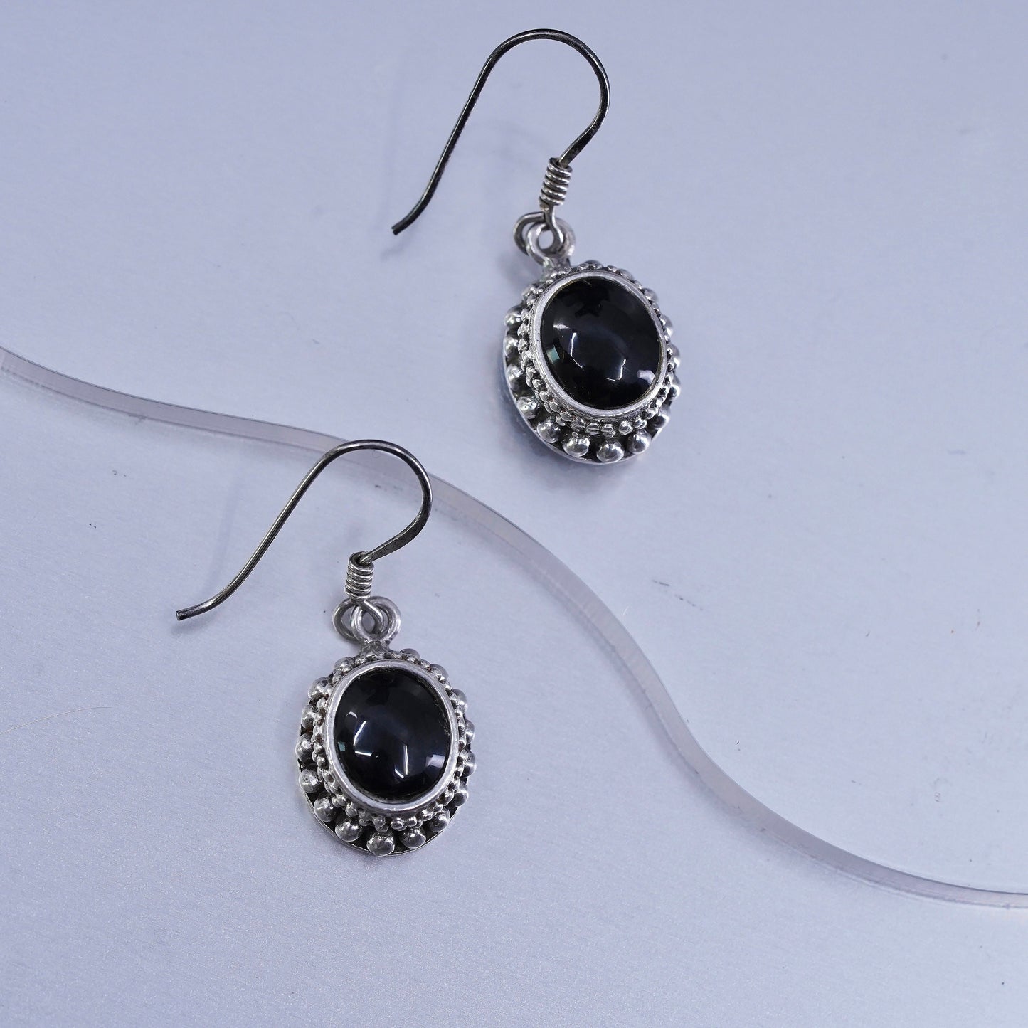 Vintage Sterling 925 silver oval earrings with onyx and beads