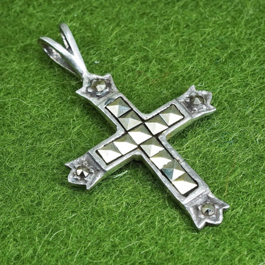 Vintage handmade sterling silver 925 cross pendant with marcasite