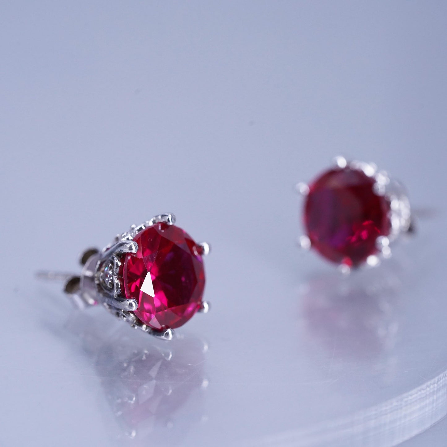 Vintage Sterling 925 silver handmade earrings, studs with ruby cz on the side