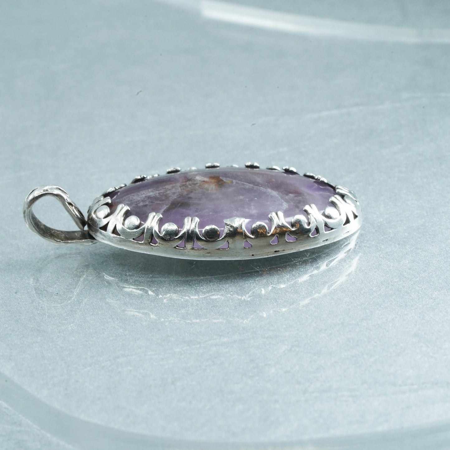 Vintage W fine silver 999 handmade oval pendant with amethyst