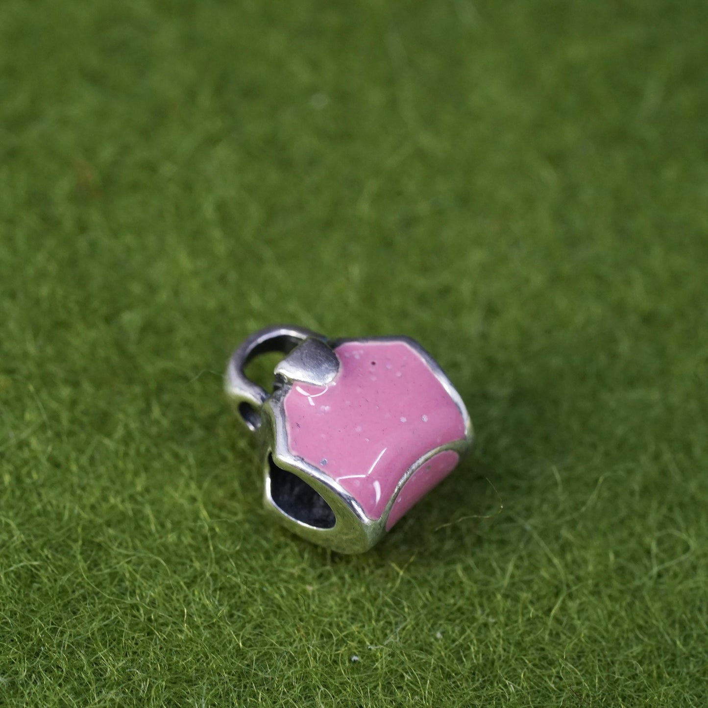 Vintage Sterling silver charm, 925 handbag pendant with pink enamel