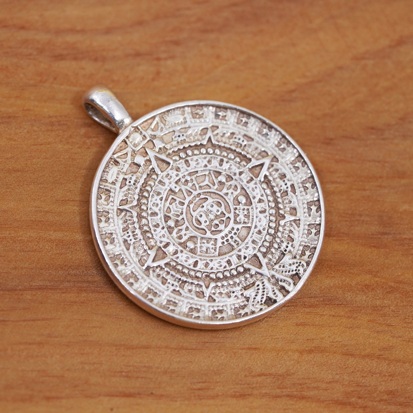 Mexican Sterling silver pendant, 925 double sided circle tag Mayan calendar