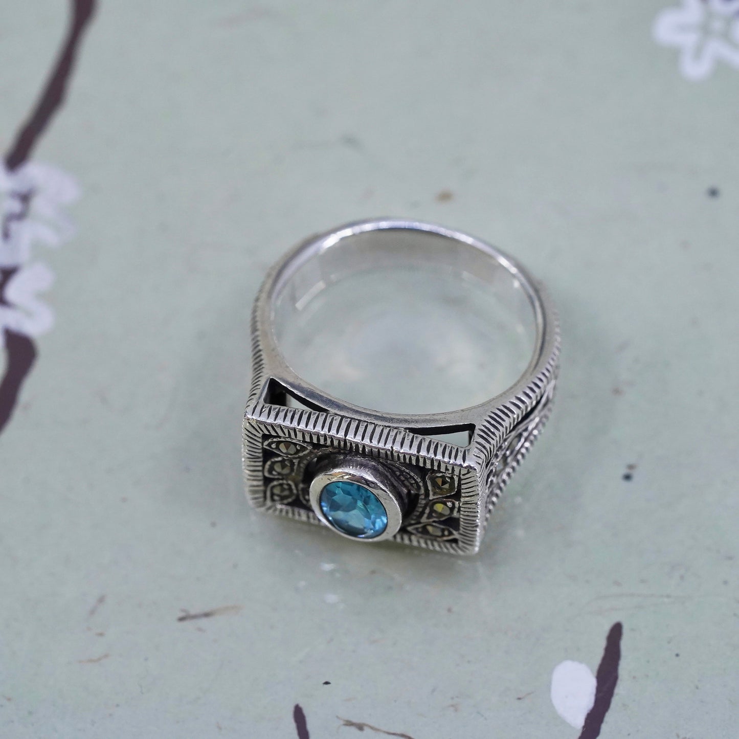 Size 9.25, Vintage sterling 925 silver handmade ring with topaz and marcasite