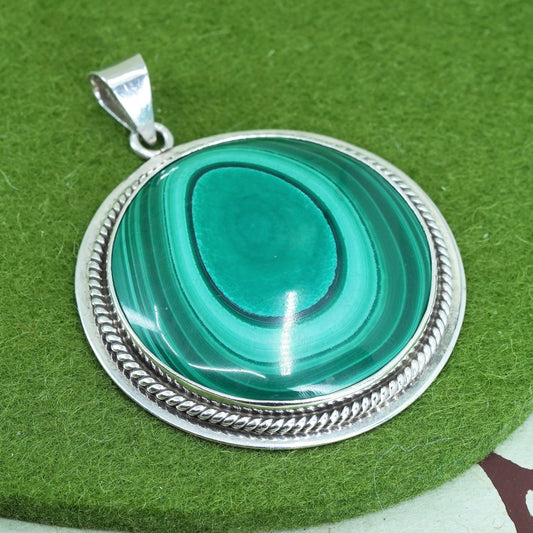 sterling 925 silver handmade huge pendant with round malachite and cable around