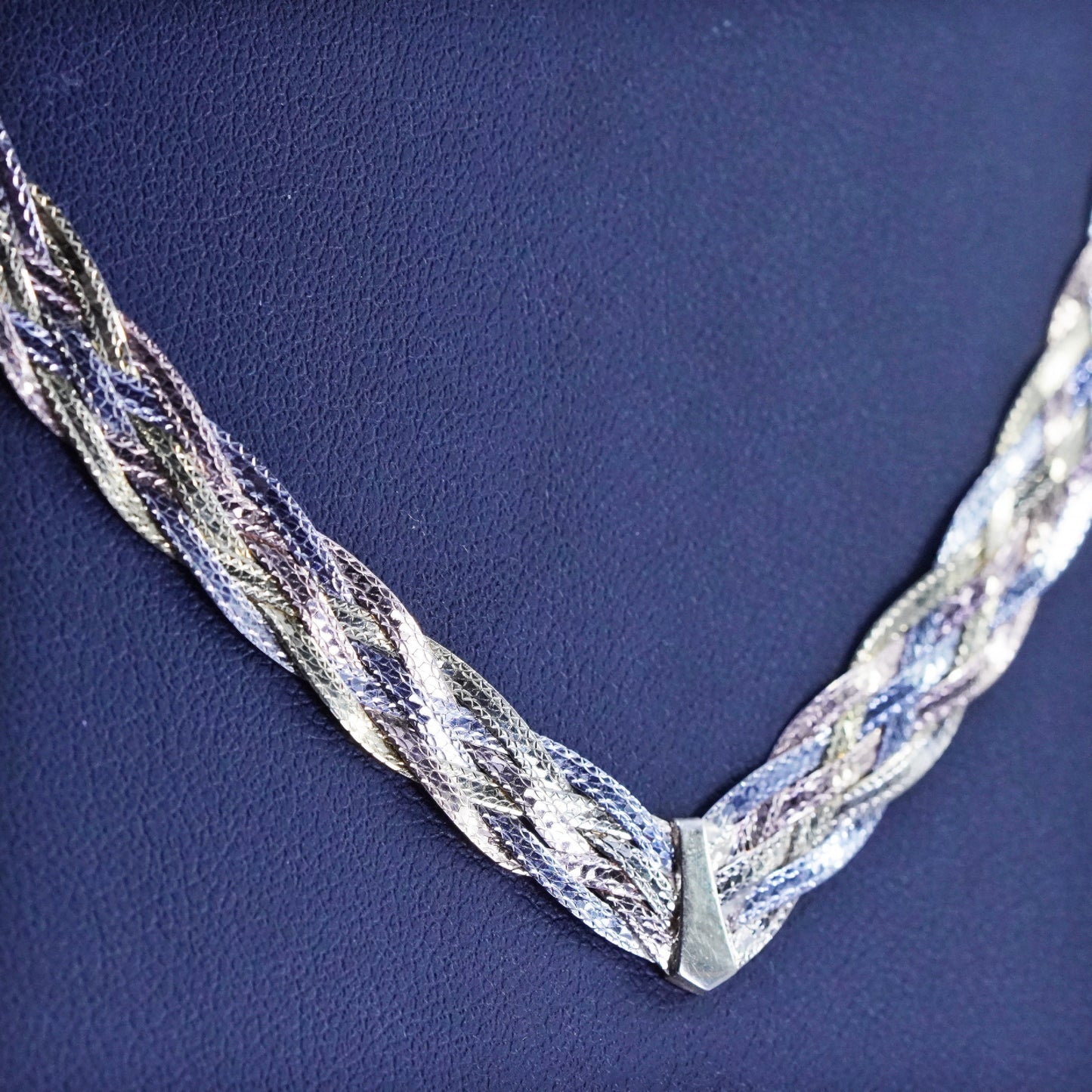 16",, triple tone sterling silver necklace, 925 braided herringbone chain