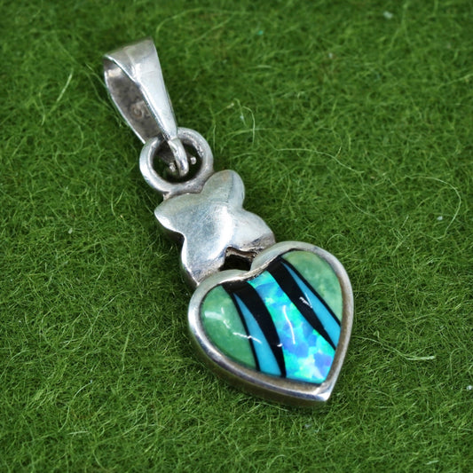 sterling silver handmade pendant, Mexico 925 heart with opal and turquoise