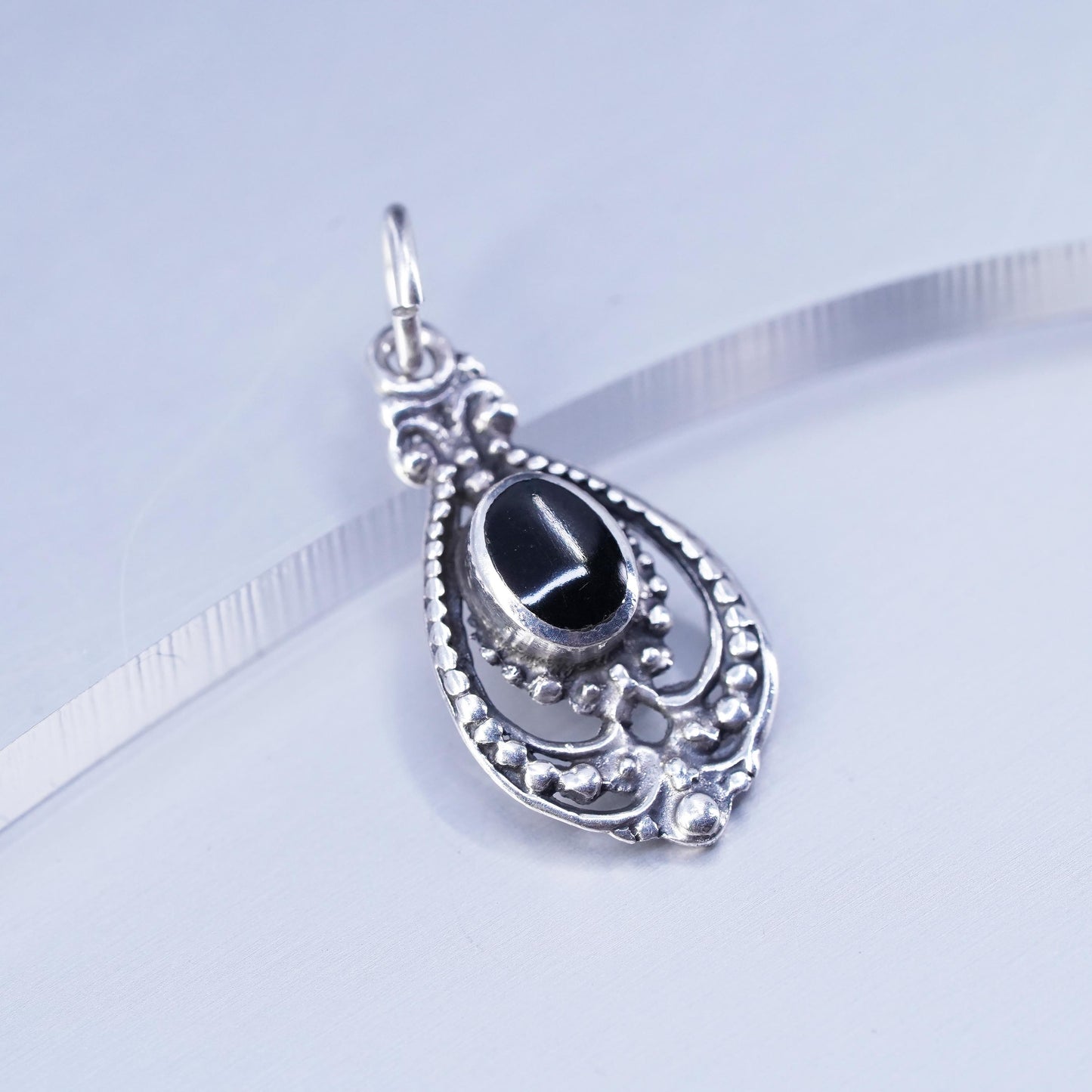 Vintage Sterling silver handmade charm, 925 teardrop pendant with onyx inlay