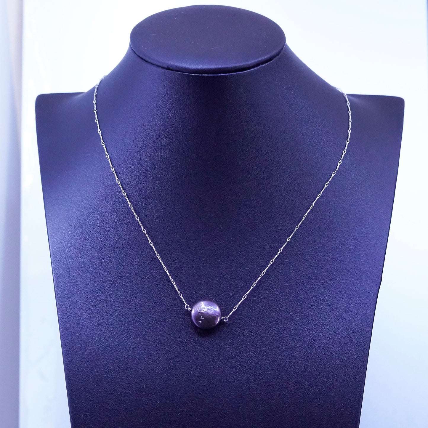 17”, Sterling silver necklace, 925 circle chain with coin black pearl pendant