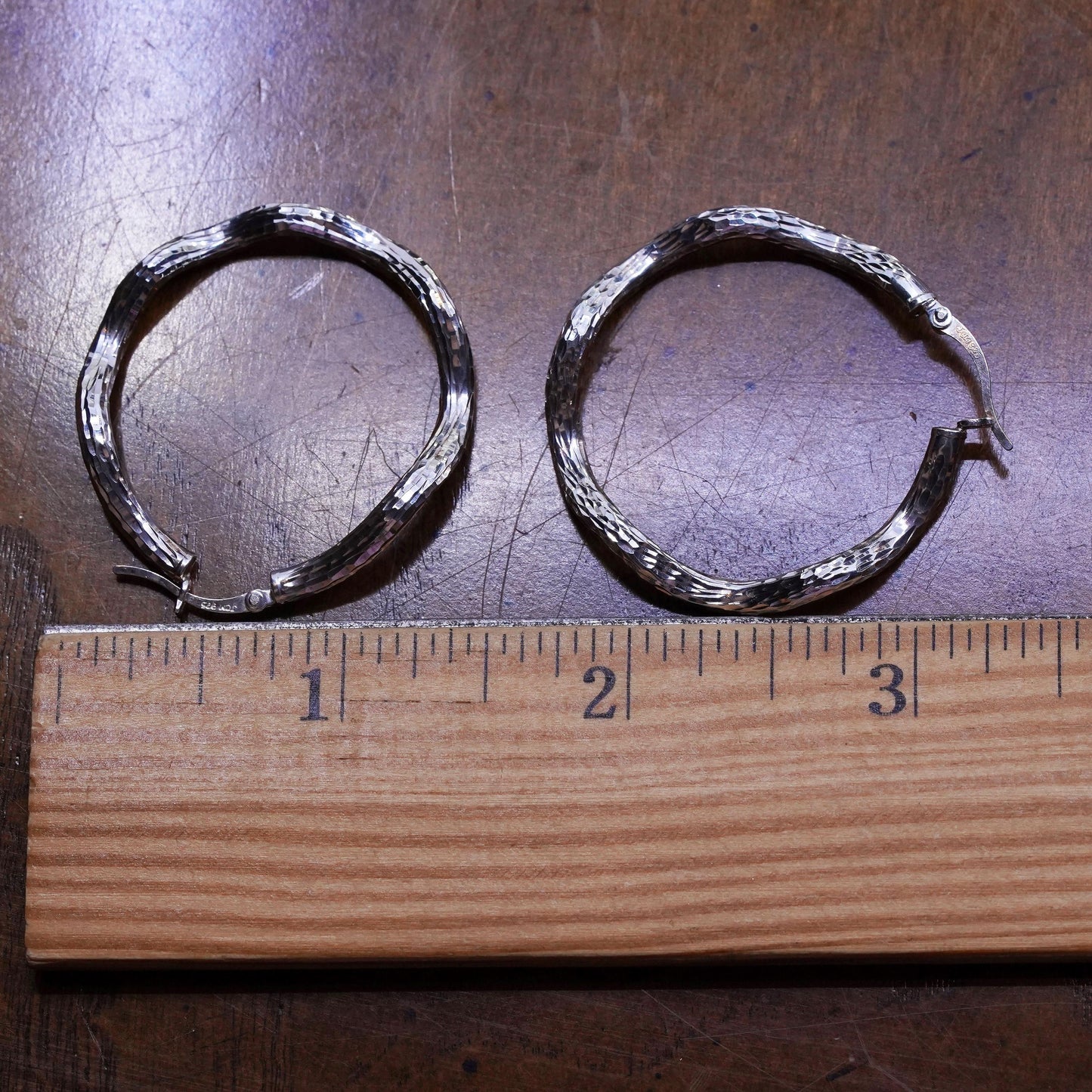 1.5”, VTG sterling silver loop earrings, textured minimalist primitive hoops