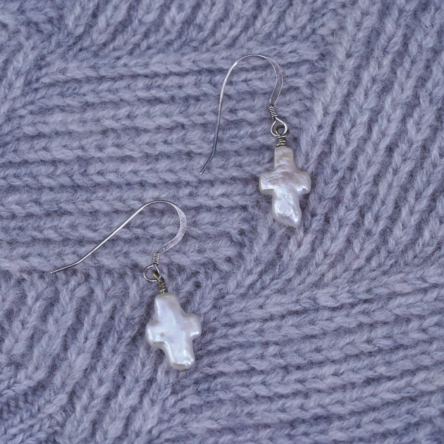 Vintage Sterling silver handmade earrings, 925 hooks with cross pearl