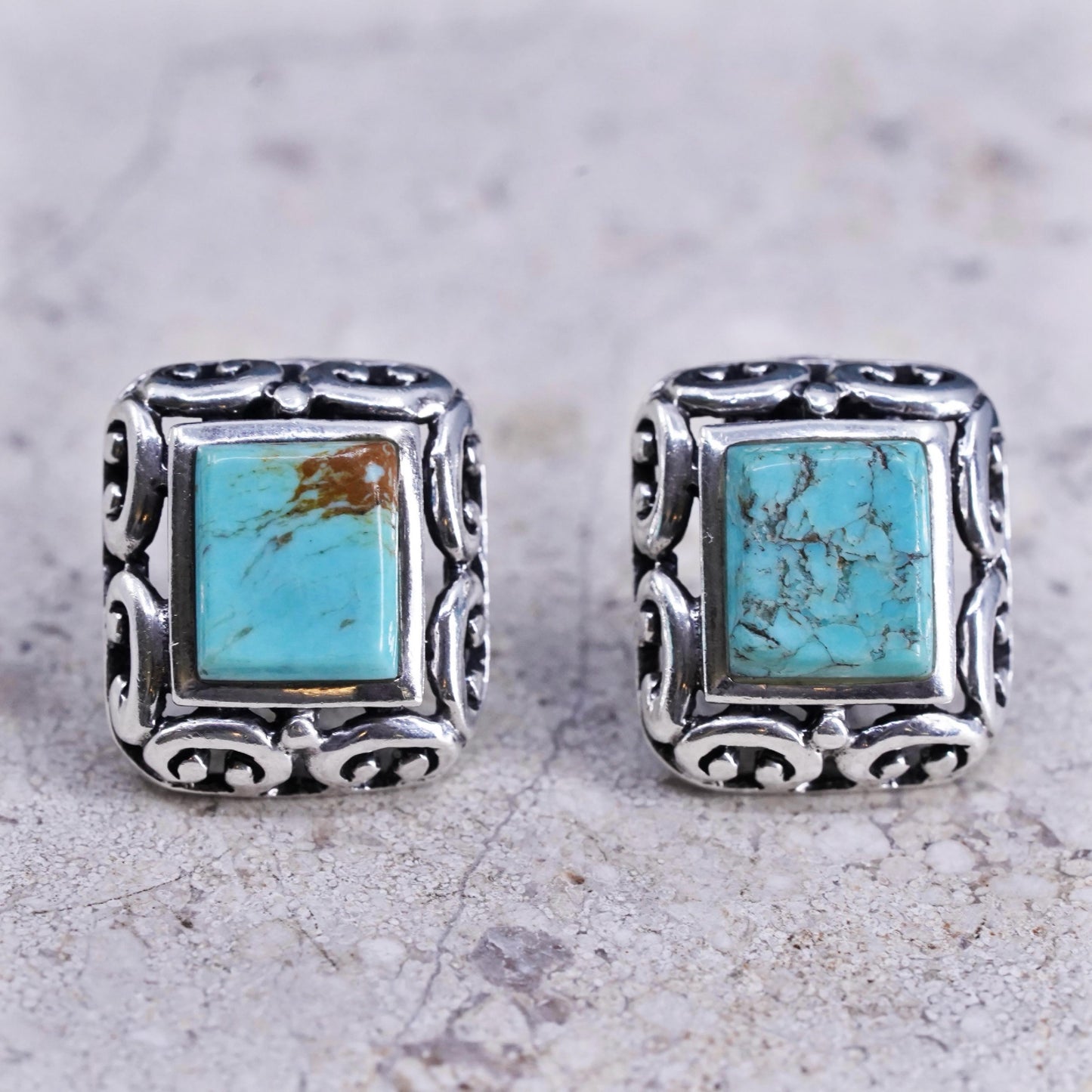 Vintage Southwestern sterling silver earrings, 925 filigree studs w/ turquoise