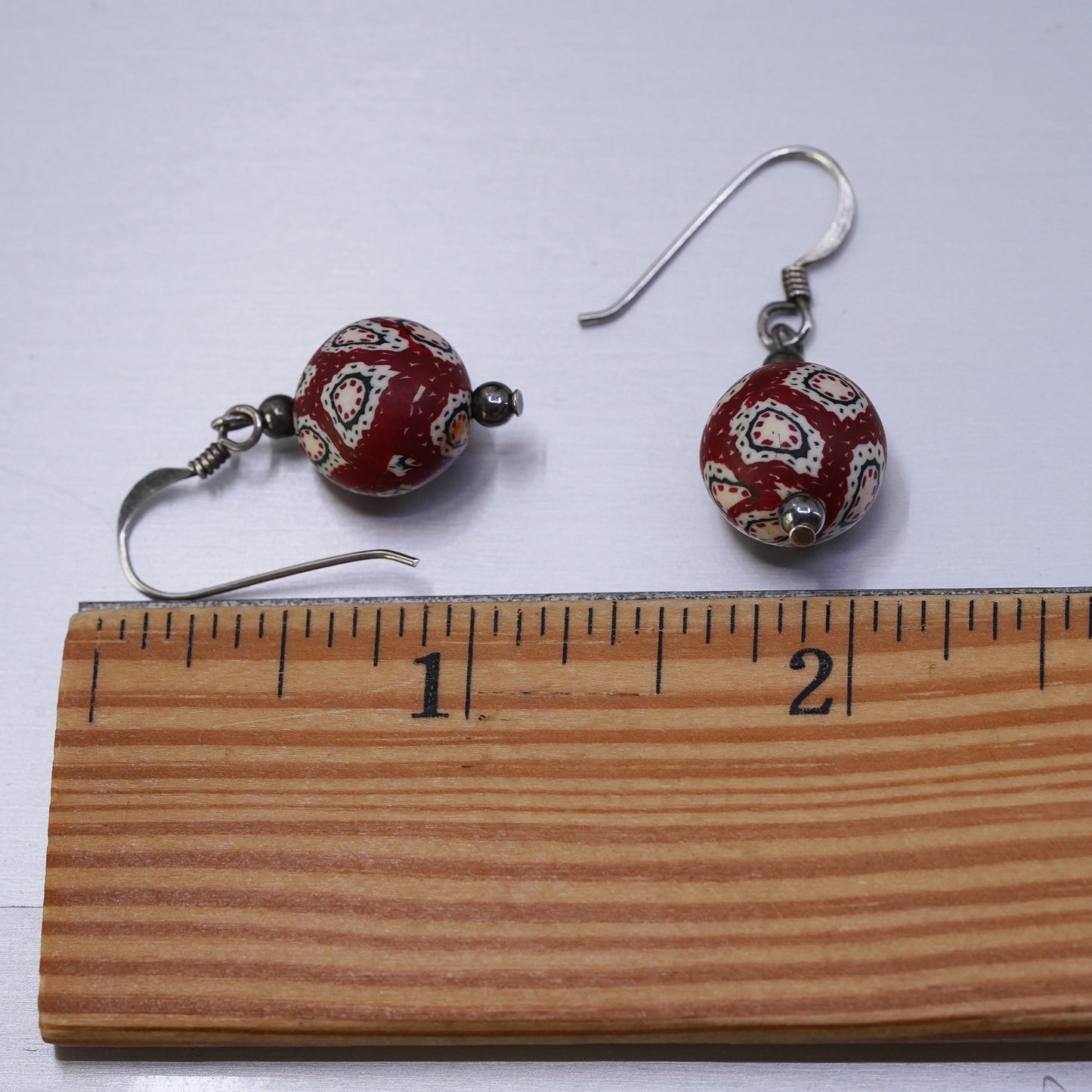 Vintage Sterling 925 silver handmade earrings with red textured beads