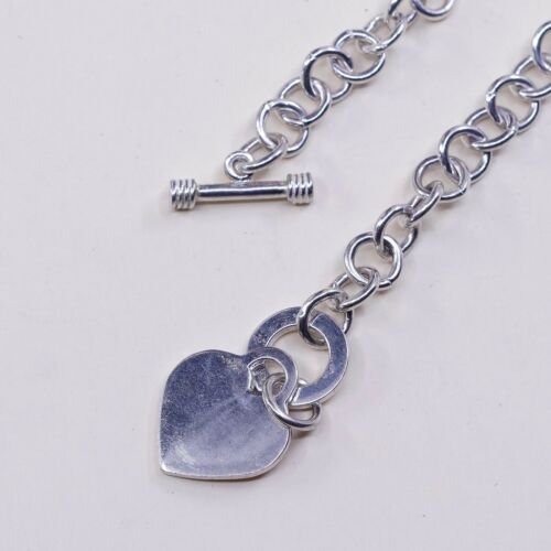 17” 9mm, Vtg 925 Sterling Silver Handmade Bold Circle chain Heart Charm necklace