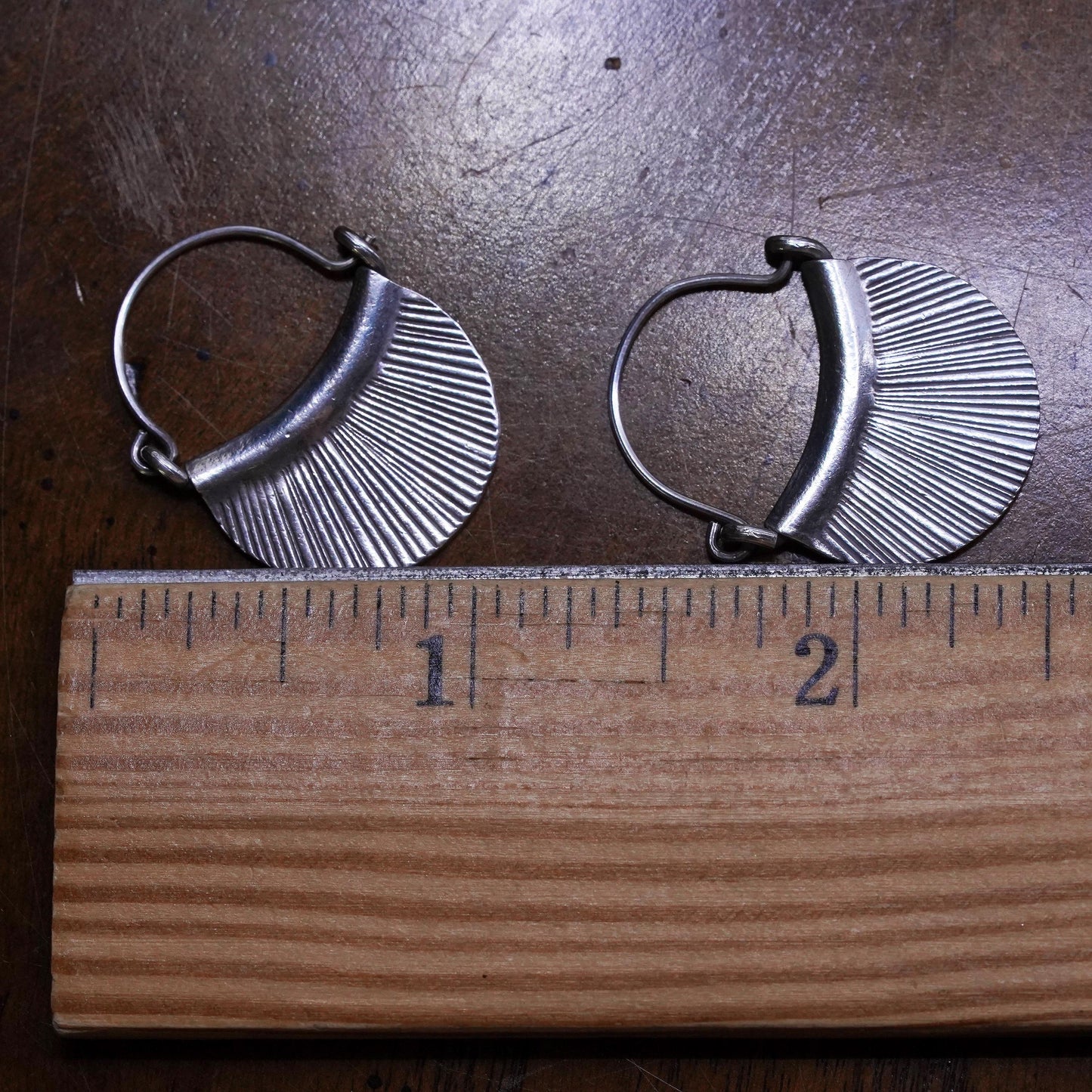 1" Vintage sterling silver handmade loop earrings, fan shaped primitive hoops