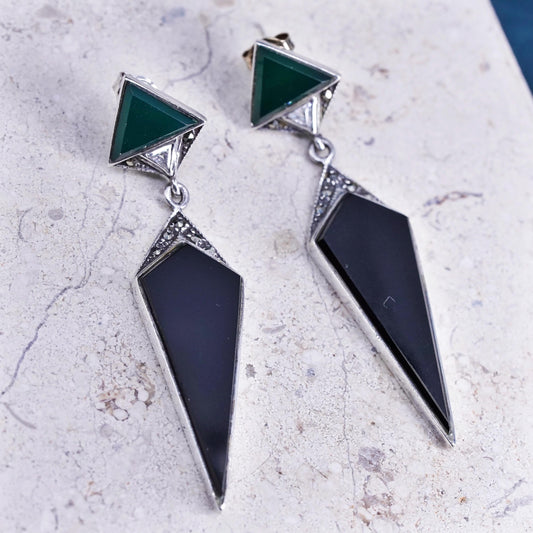 Vintage Sterling 925 Silver handmade triangular earrings with onyx marcasites