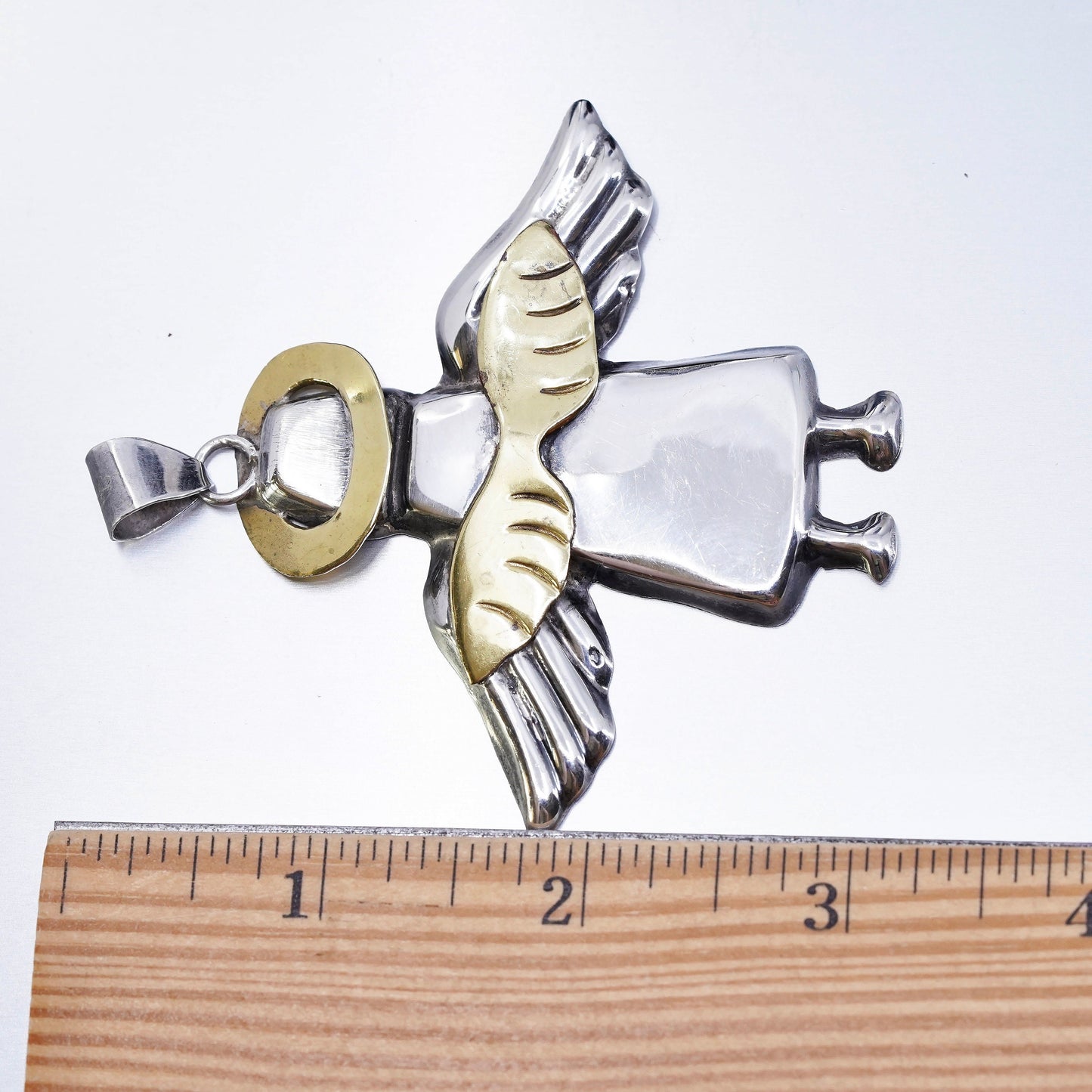 Vintage two tone Sterling silver handmade charm, 925 angel pendant brass wings