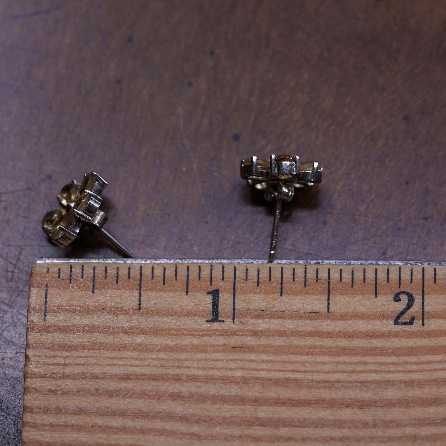 Vintage Sterling silver handmade earrings, 925 flower studs with citrine