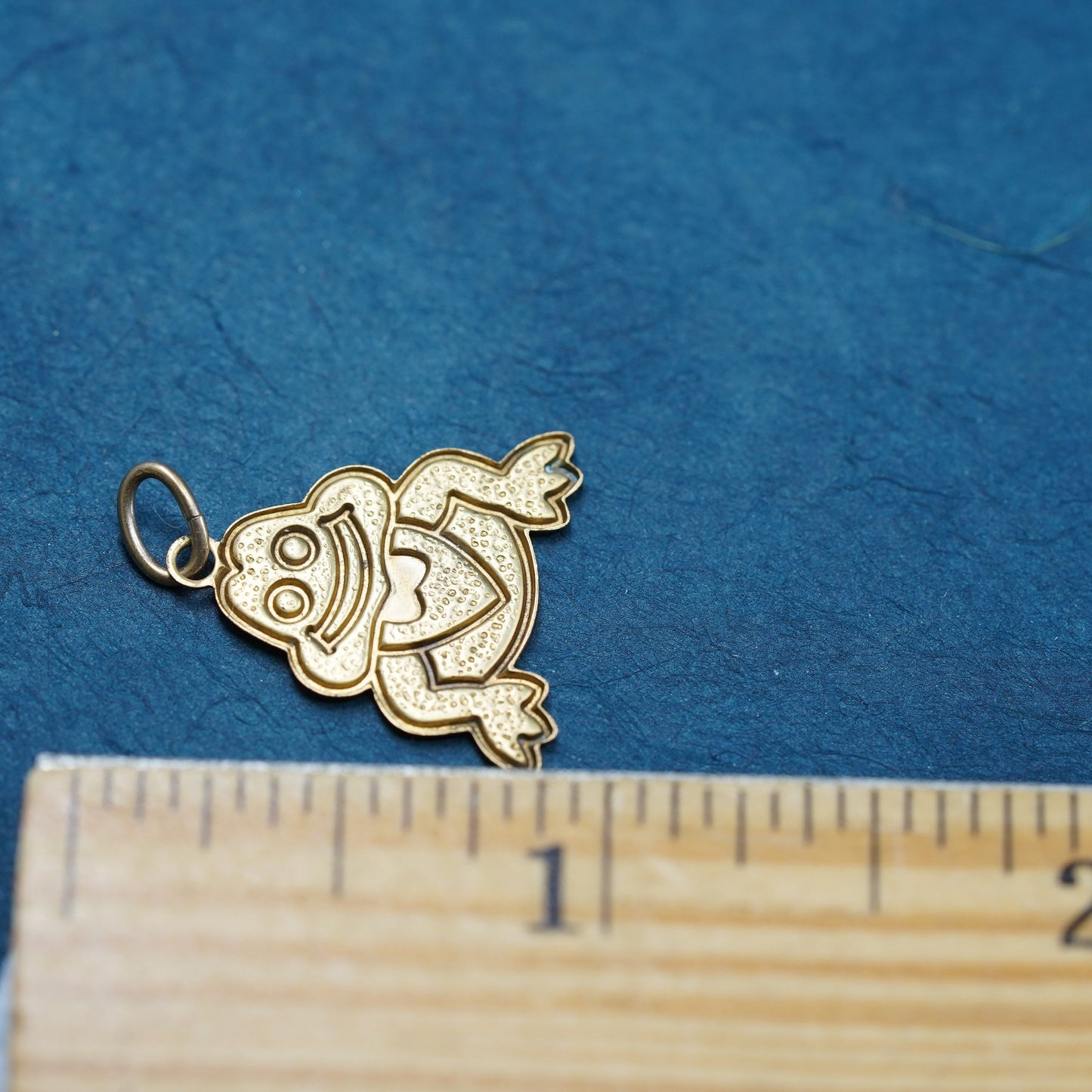 Vintage brass handmade pendant, yellow tone frog charm