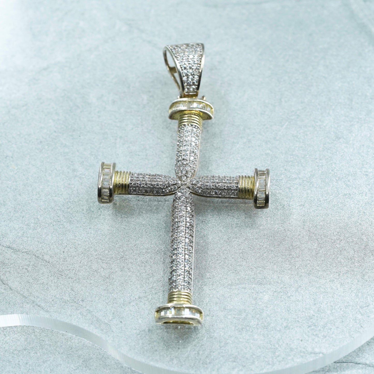 vintage two tone sterling 925 silver cross pendant with cluster Cz