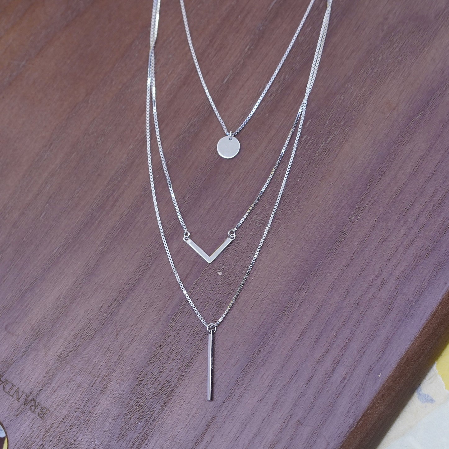 16+2”, Sterling silver multi strands necklace, 925 box chain circle bar pendant