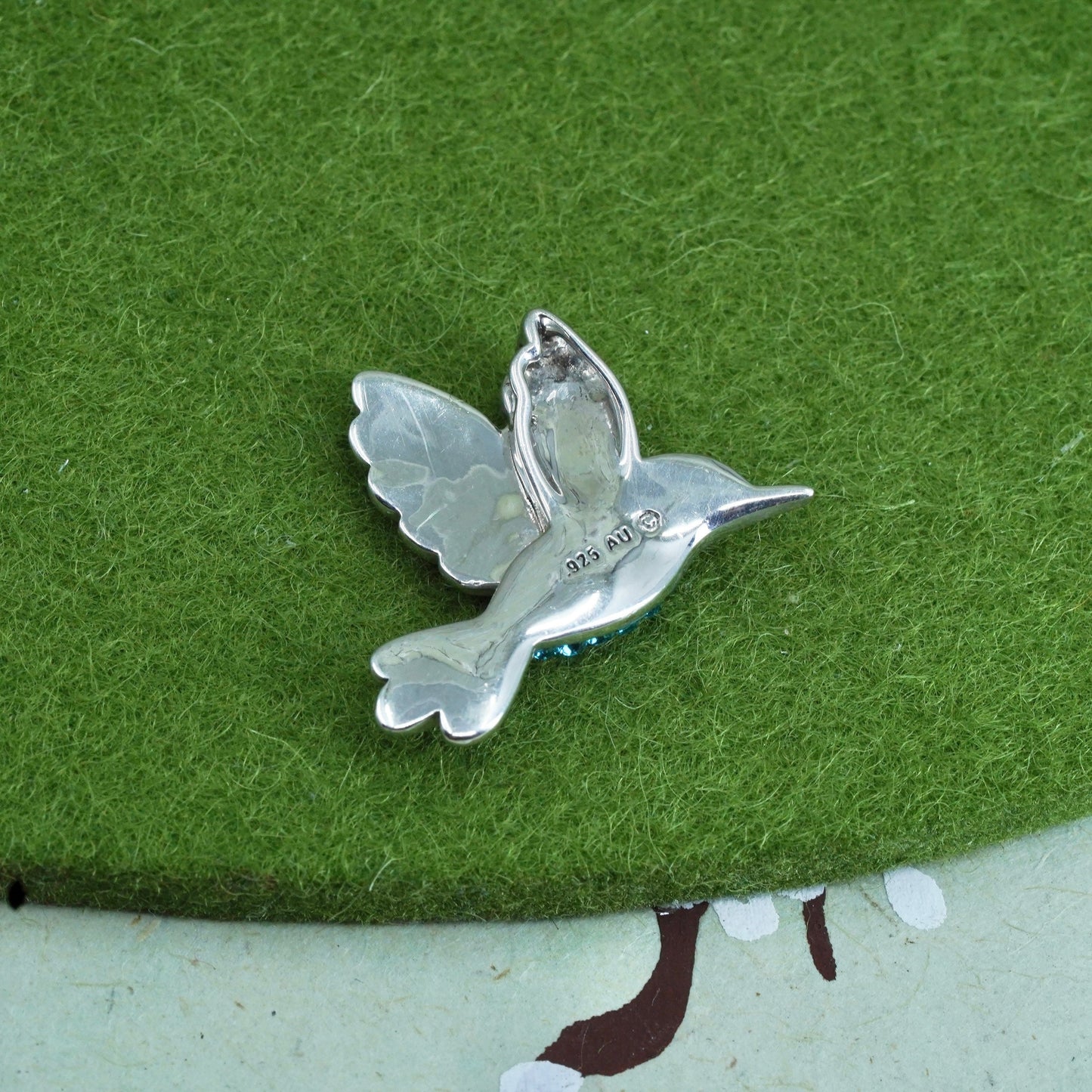 Vintage Sterling silver handmade pendant, 925 hummingbird with cluster crystal