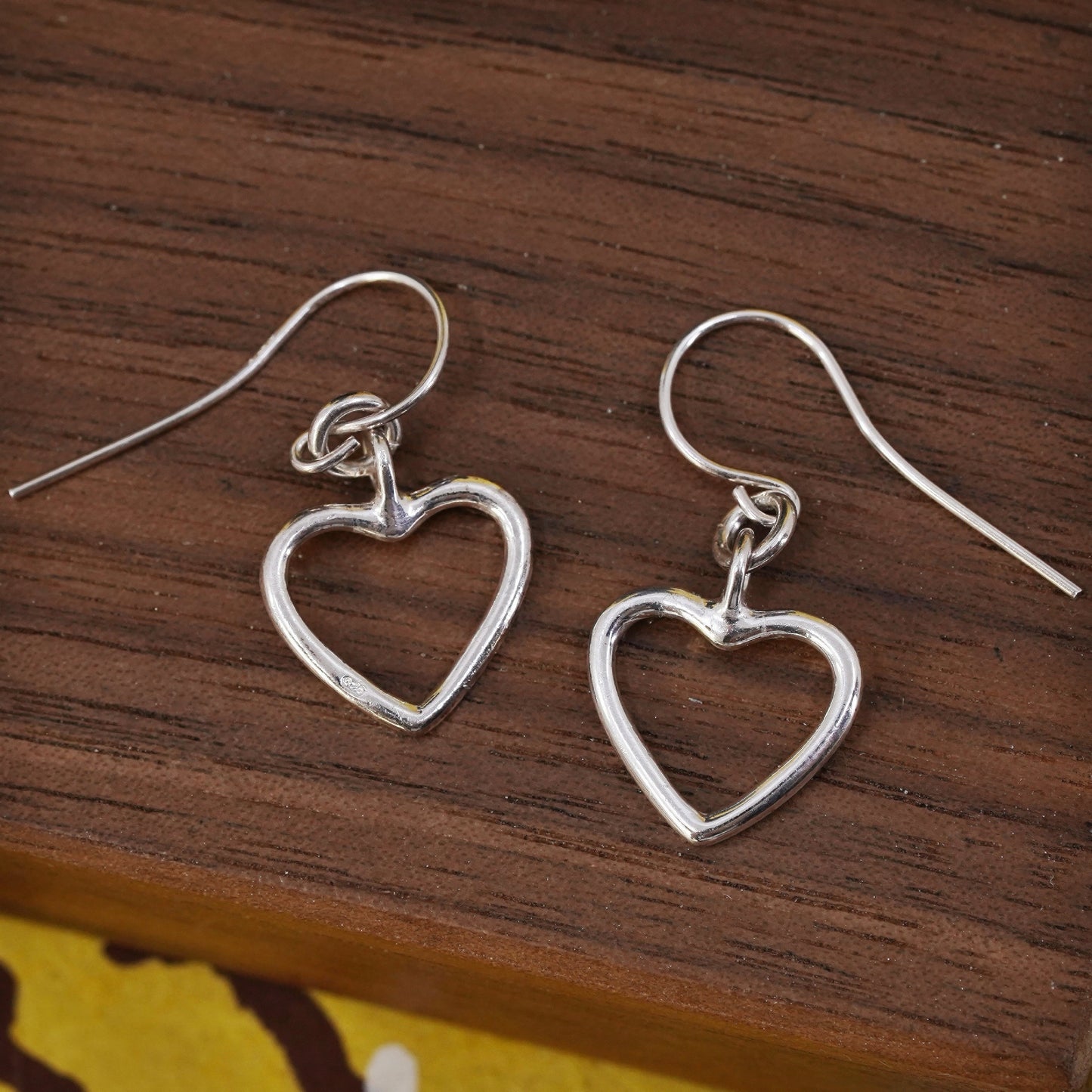 vintage handmade sterling silver earrings, 925 heart shaped dangles