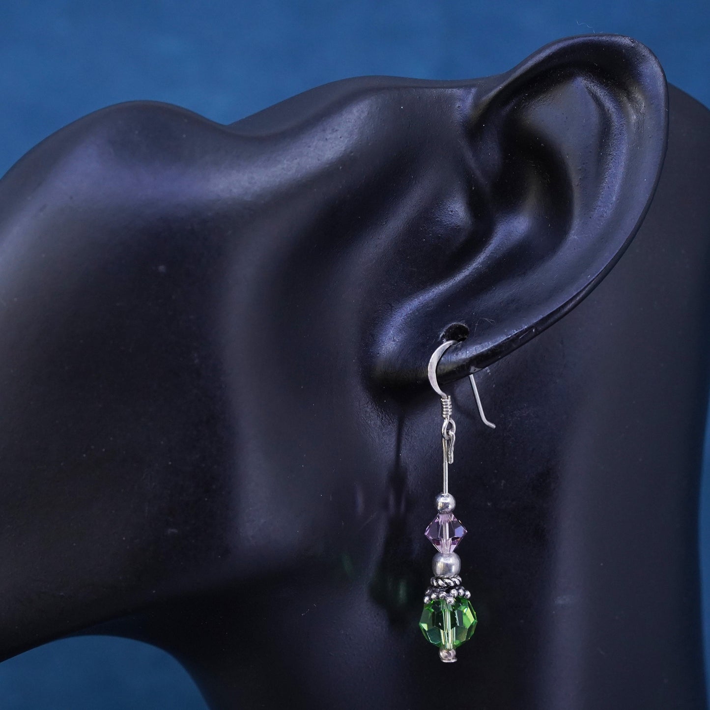 Vintage Sterling 925 silver handmade earrings with pink green crystal beads