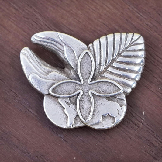 VTG Sterling Silver 925 Earth, Hands, Leaf and Bird Symbol Brooch 7/8 x 1 1/8