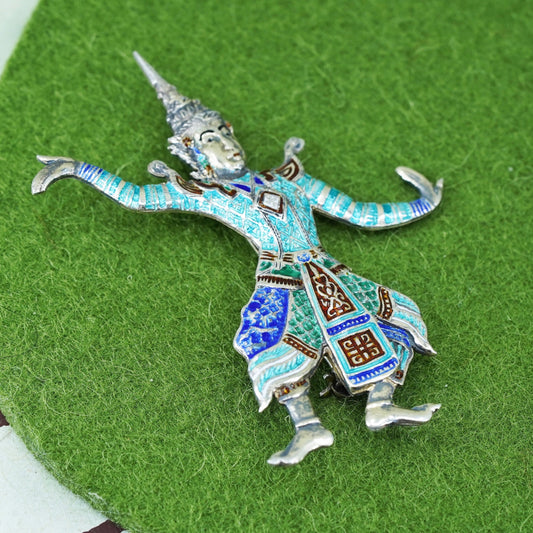 Vintage sterling silver handmade enamel brooch, Indian 925 goddess