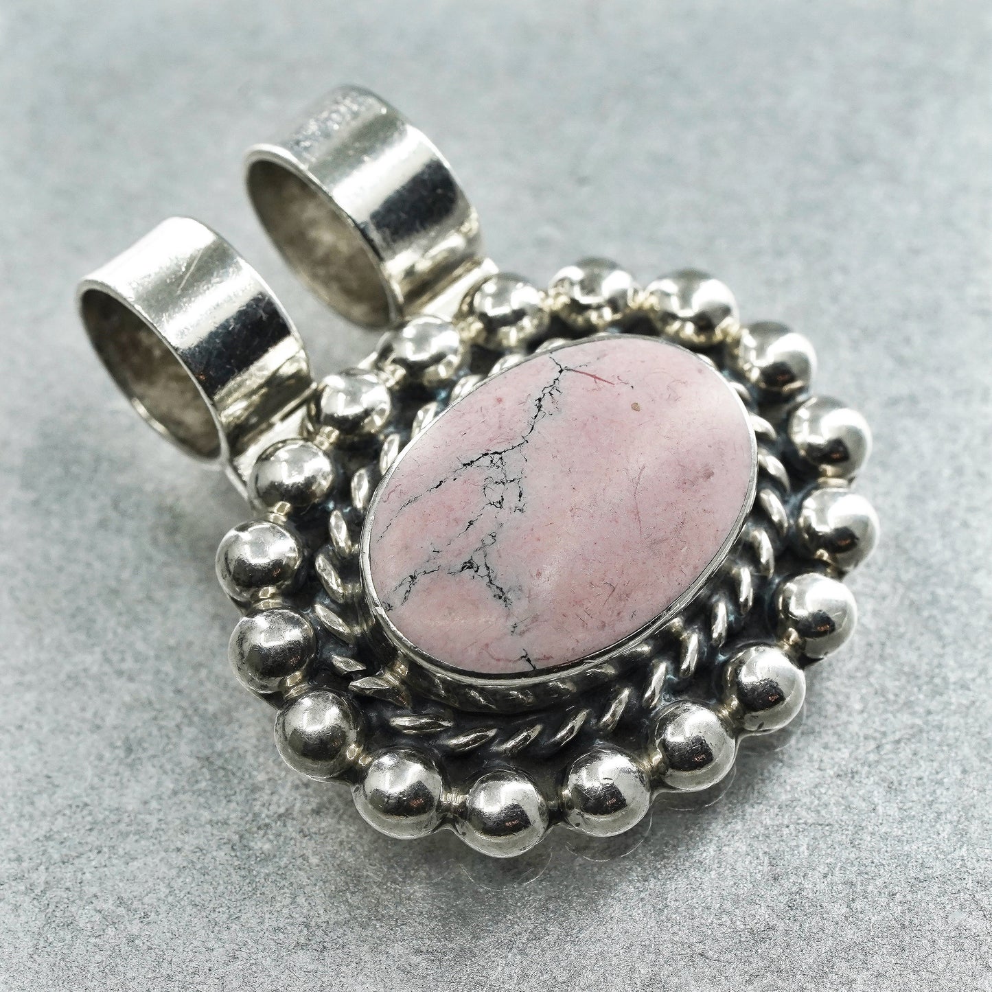 Vintage sterling 925 silver beads pendant with oval pink jasper and beads