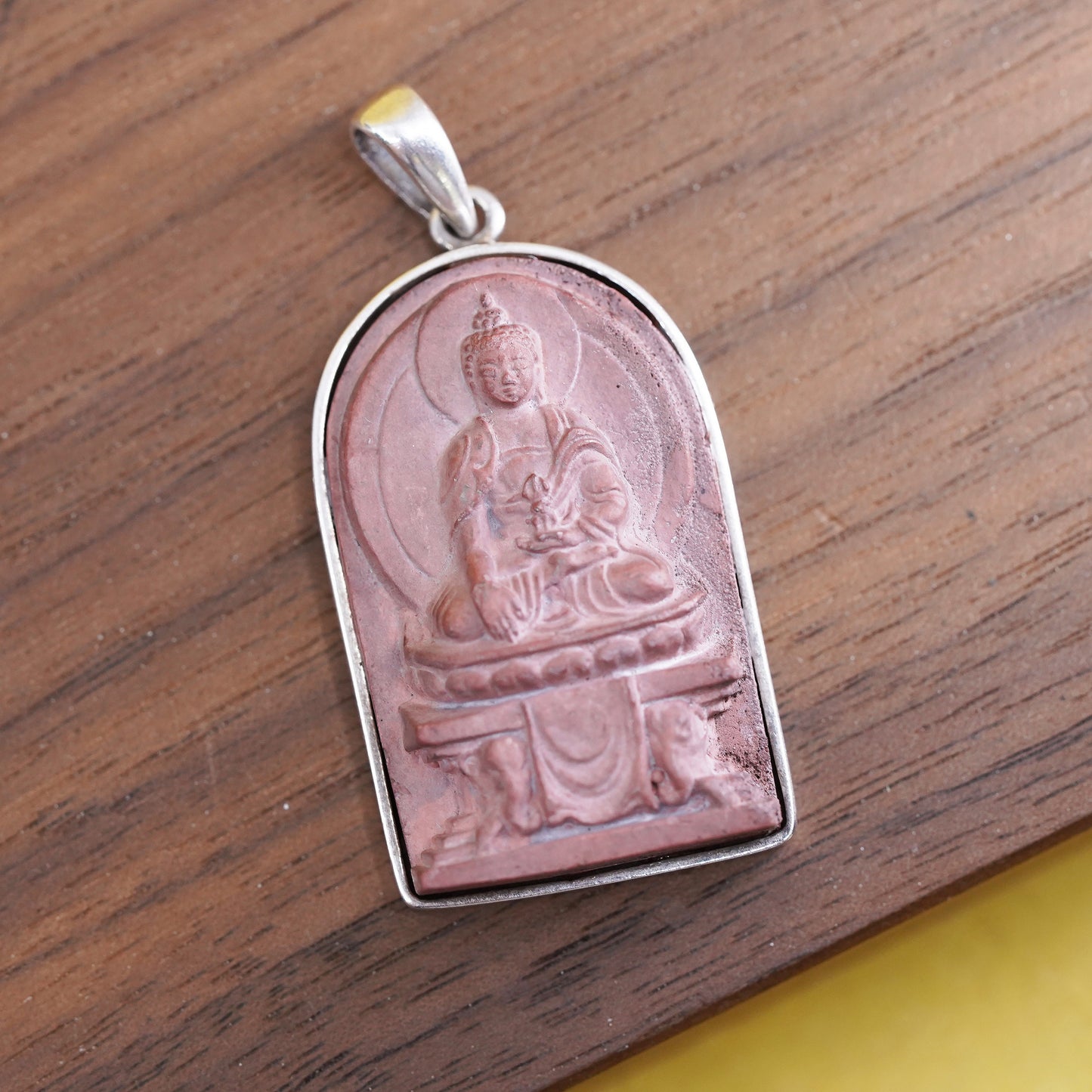 vintage Sterling 925 silver handmade pendant with carved Cinnabar Buddha