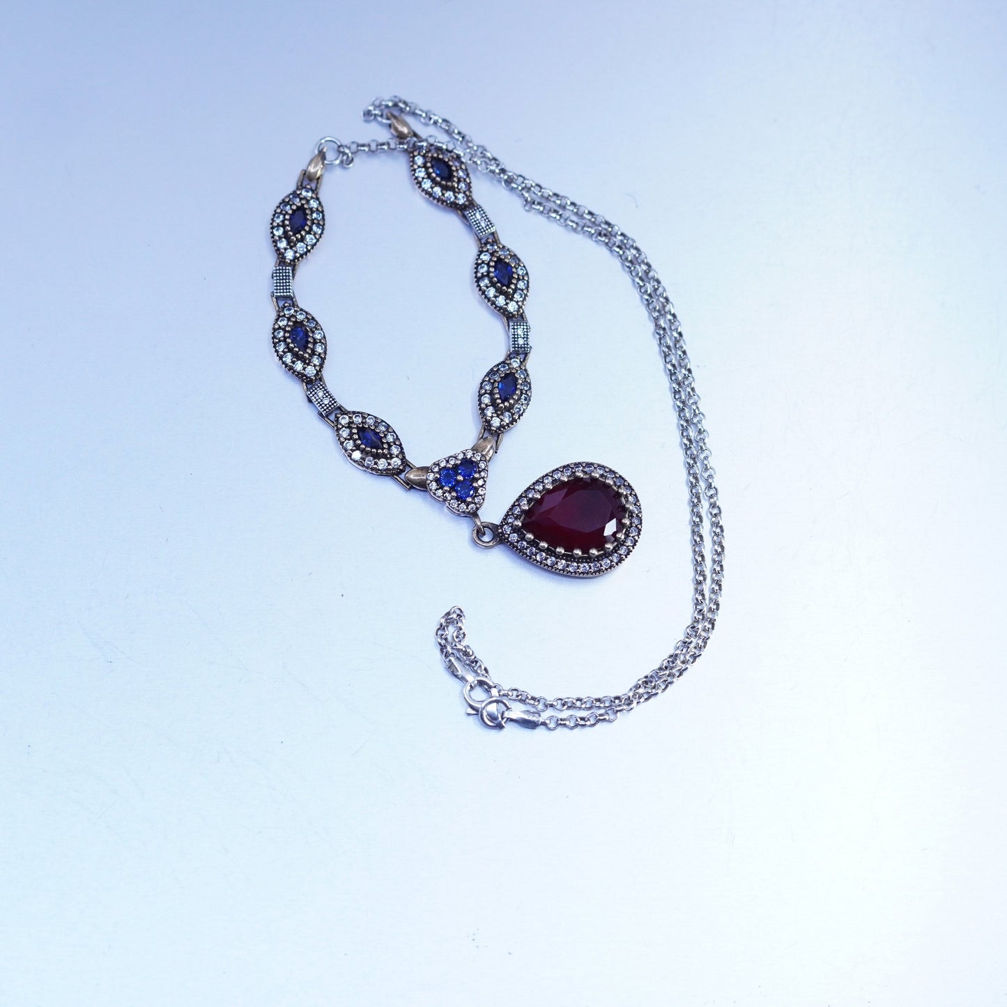 20”, two tone Sterling 925 silver necklace teardrop ruby pendant sapphire