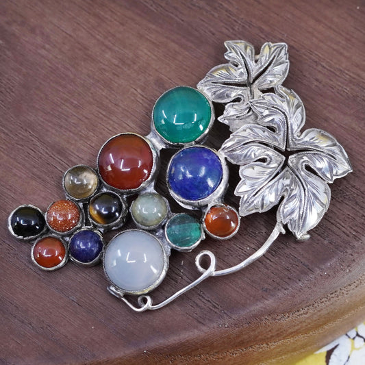 sterling 925 silver grapes vine brooch carnelian lapis jade rutilated quartz