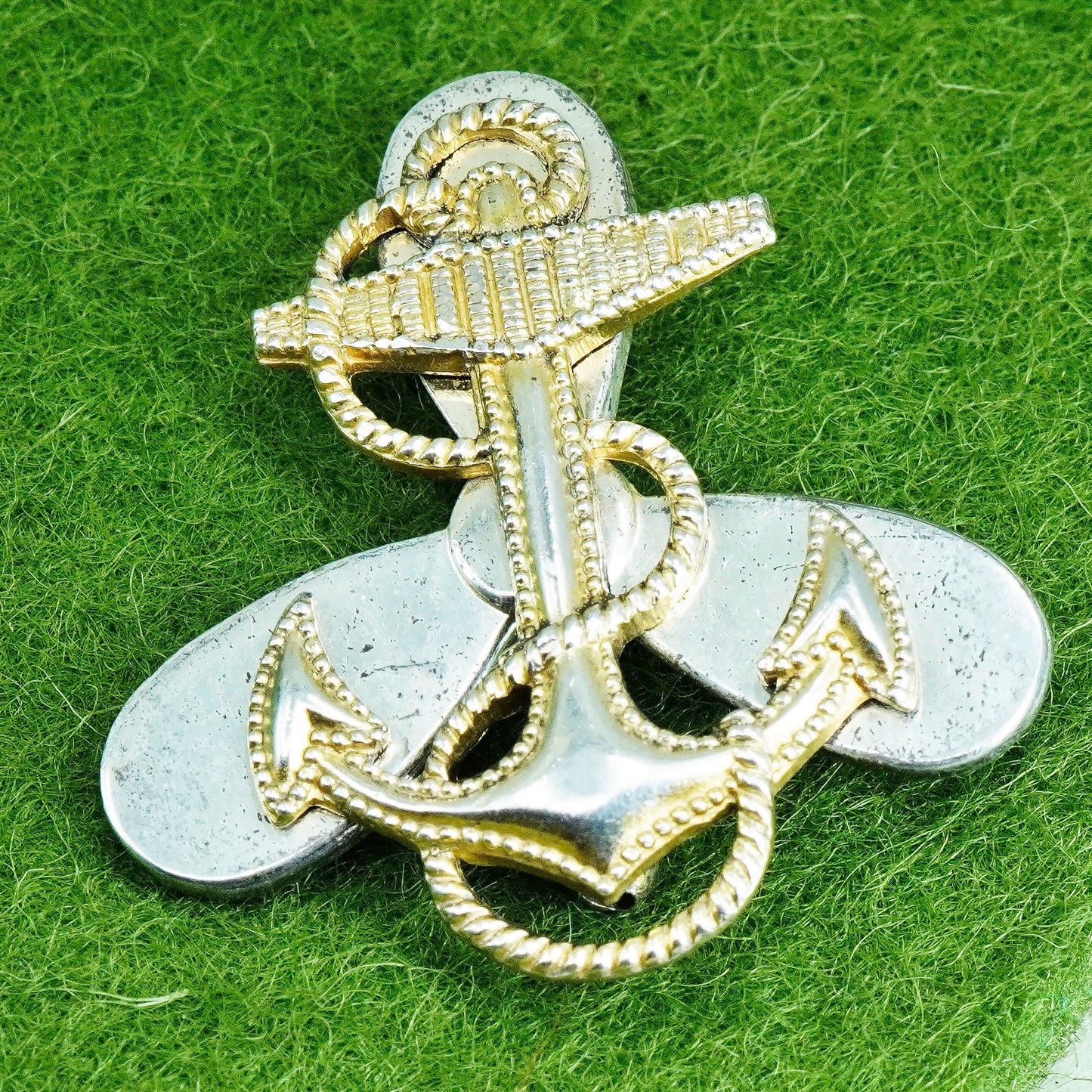 Vintage two tone sterling silver handmade brooch, 925 marine ship anchor pin