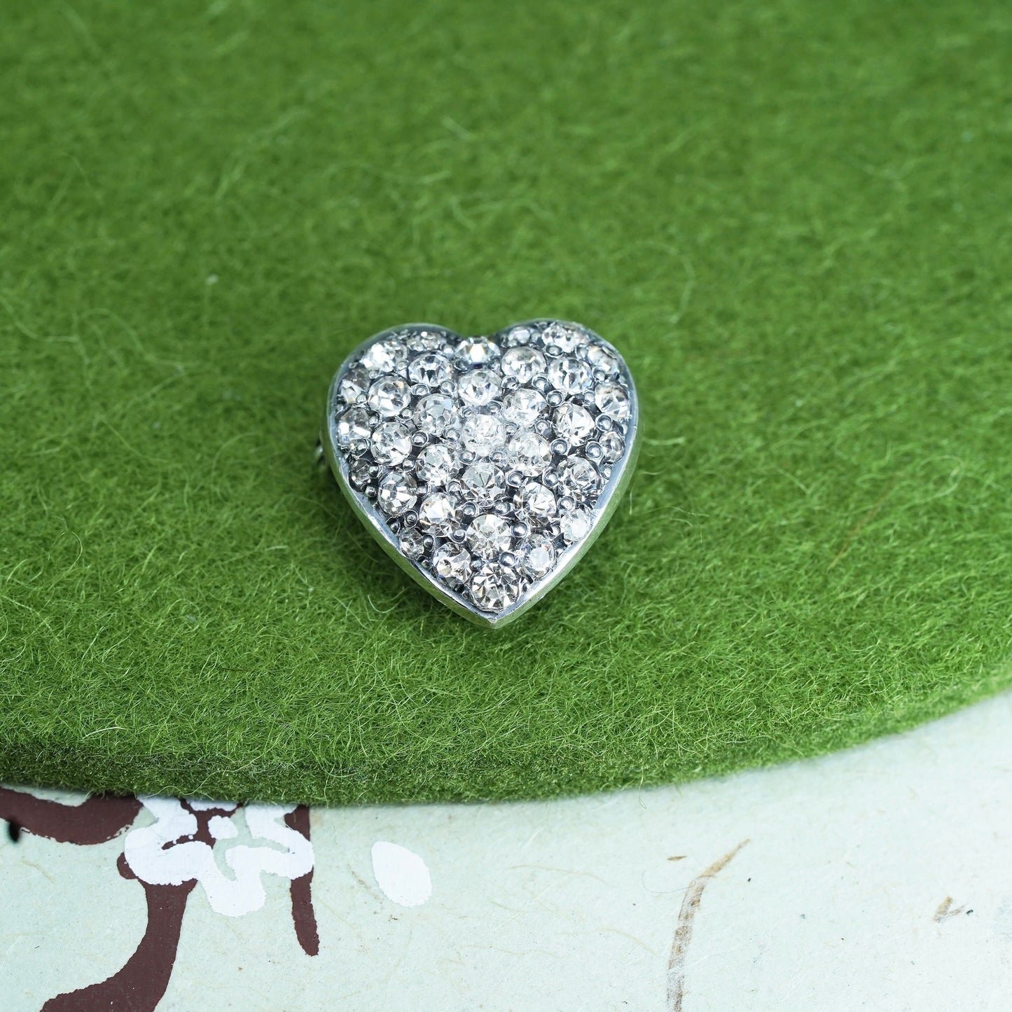 Vintage sterling silver handmade brooch, 925 heart with cluster cz